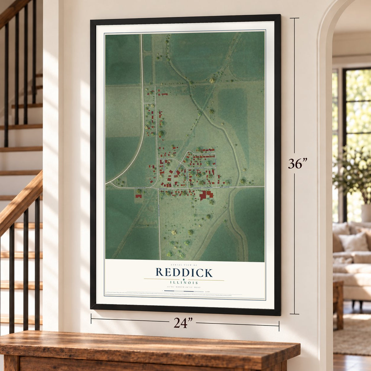 Reddick, Illinois map, 24 x 36 inch print in a black frame by a staircase