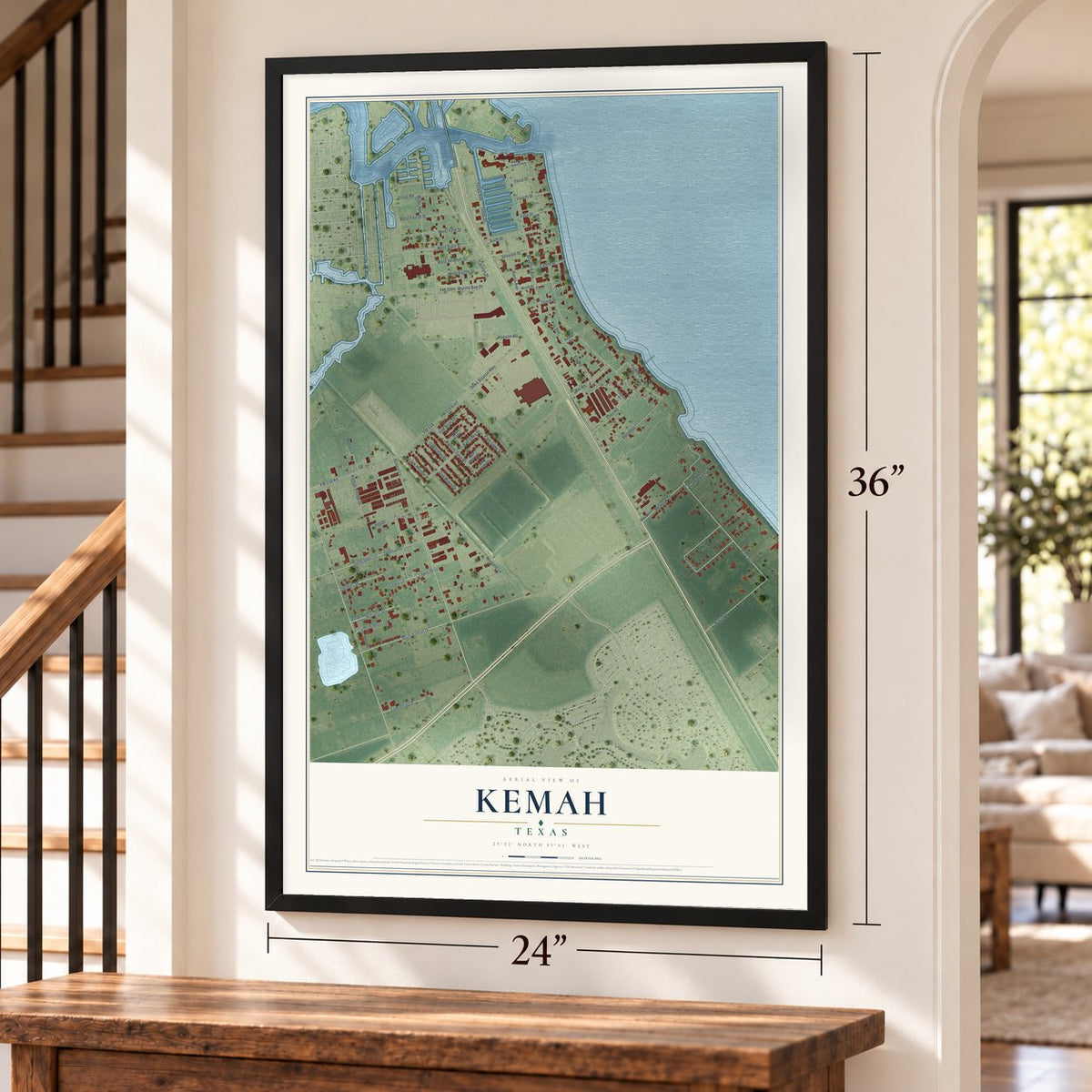 Kemah, Texas map, 24 x 36 inch print in a black frame by a staircase