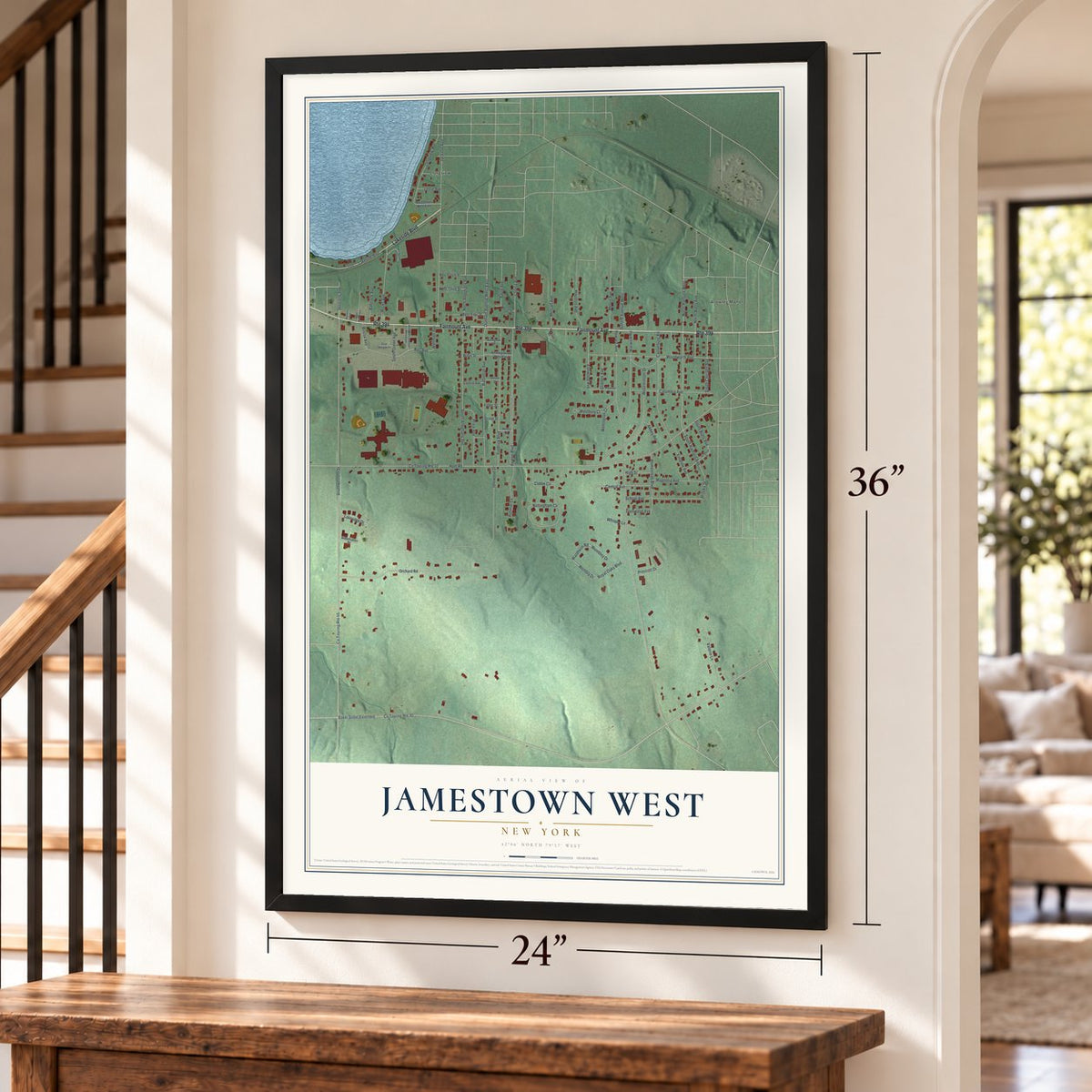 Jamestown West, New York map, 24 x 36 inch print in a black frame by a staircase