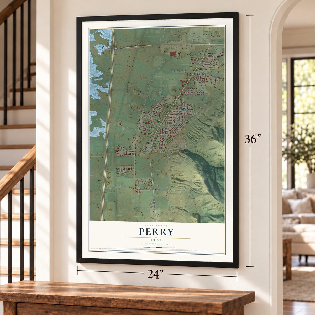 Perry, Utah map, 24 x 36 inch print in a black frame by a staircase