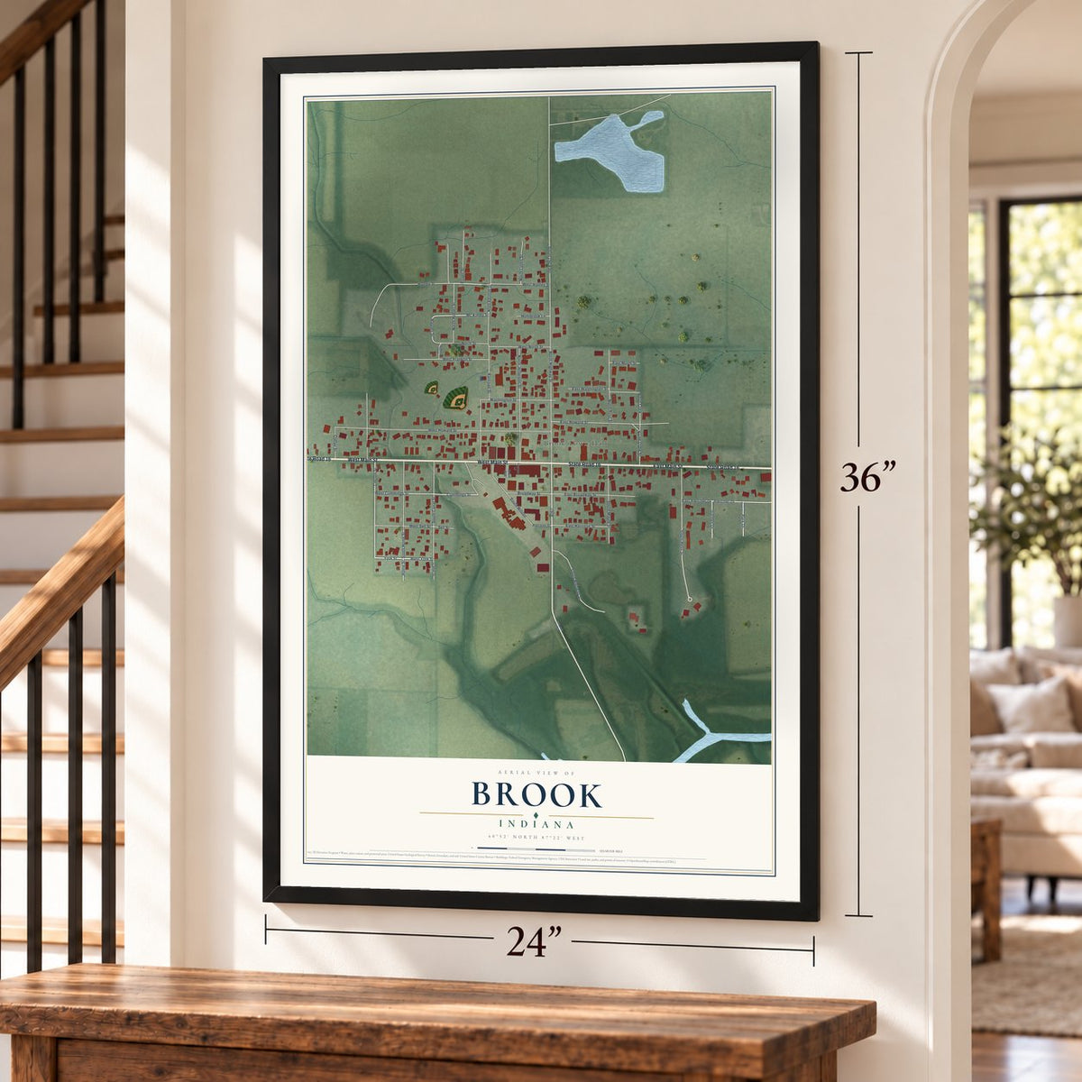 Brook, Indiana map, 24 x 36 inch print in a black frame by a staircase