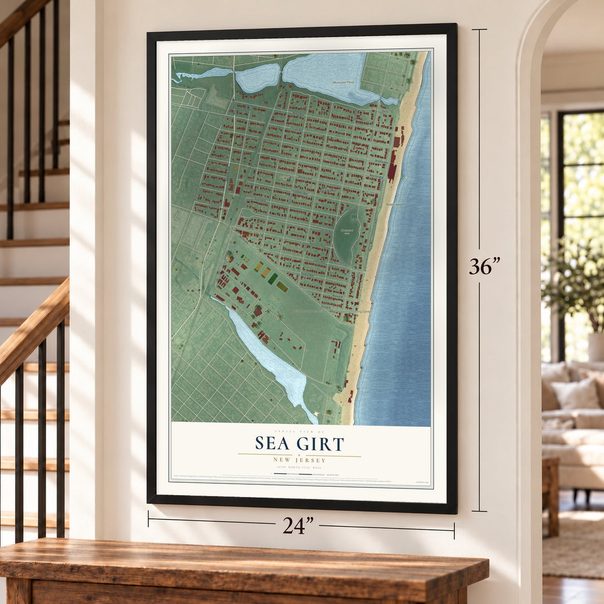 Sea Girt, New Jersey map, 24 x 36 inch print in a black frame by a staircase
