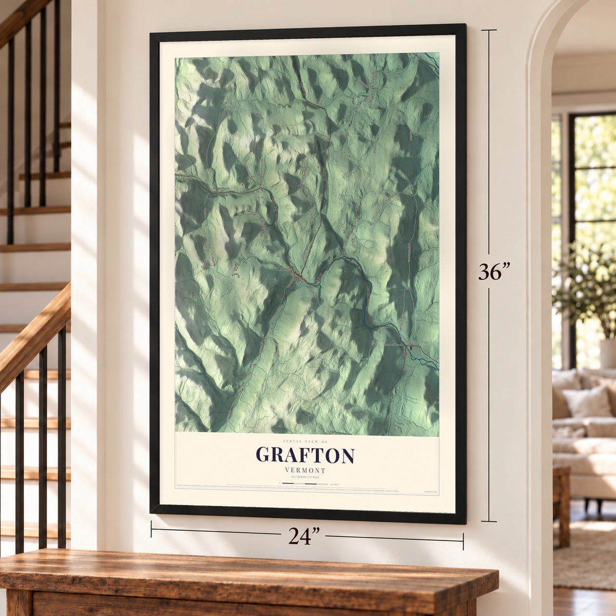 Grafton, Vermont map, 24 x 36 inch print in a black frame by a staircase