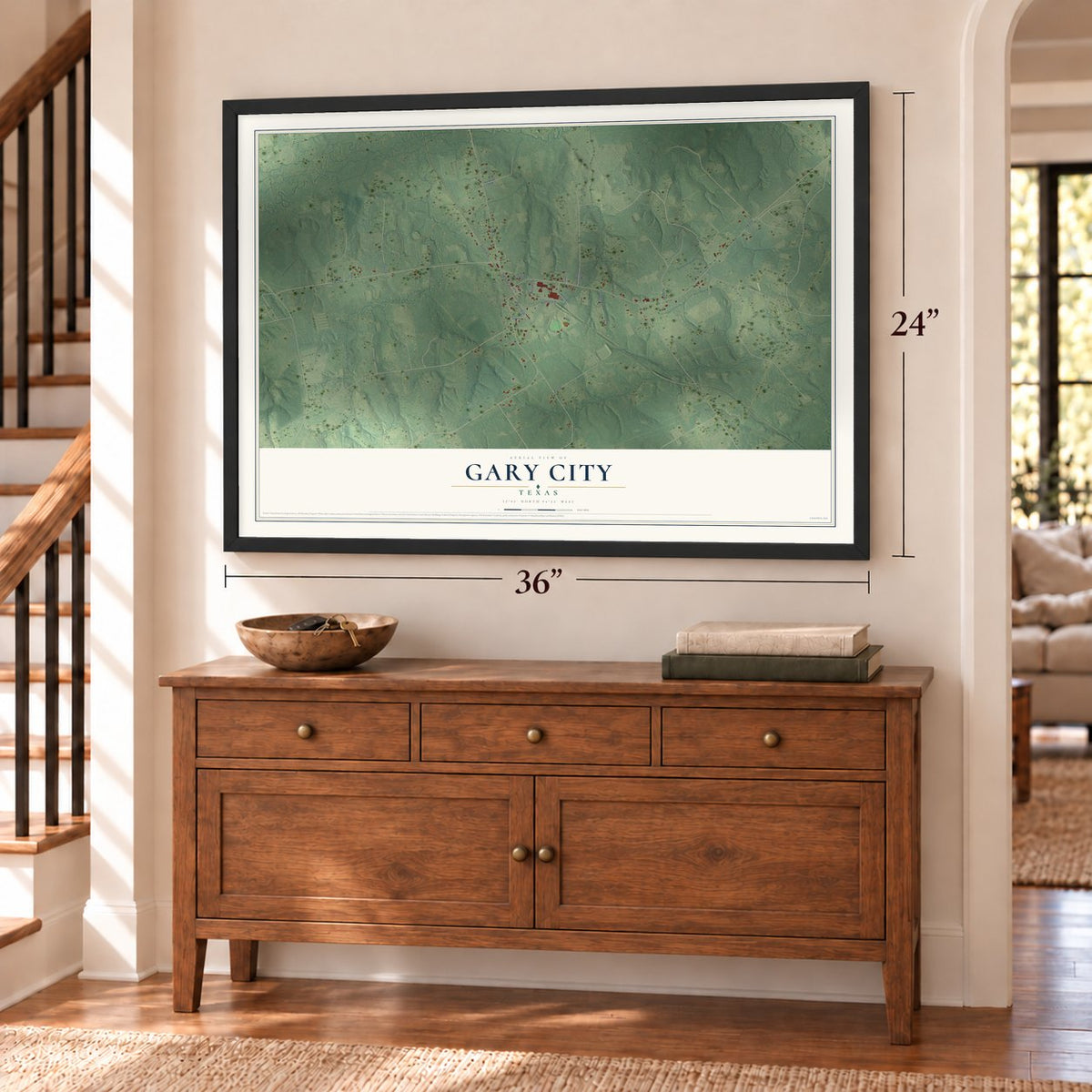 Gary City, Texas map, 24 x 36 inch print in a black frame above a dresser by a staircase