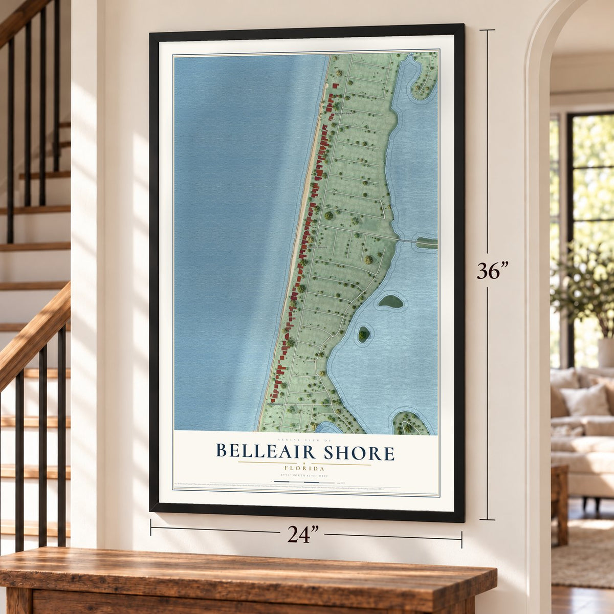 Belleair Shore, Florida map, 24 x 36 inch print in a black frame by a staircase