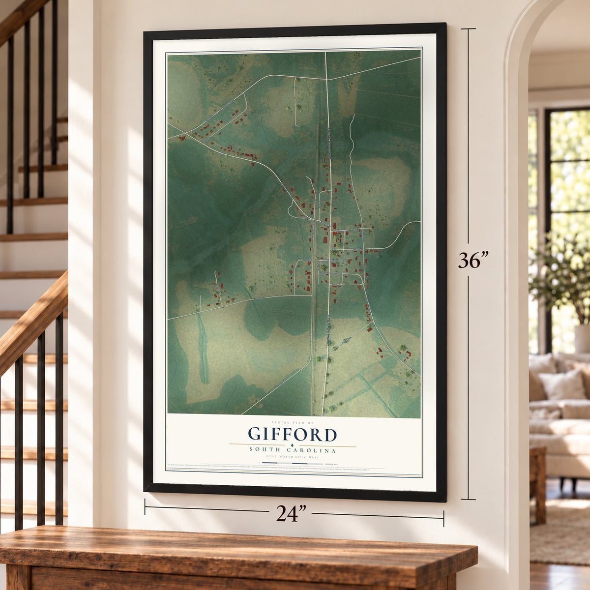 Gifford, South Carolina map, 24 x 36 inch print in a black frame by a staircase