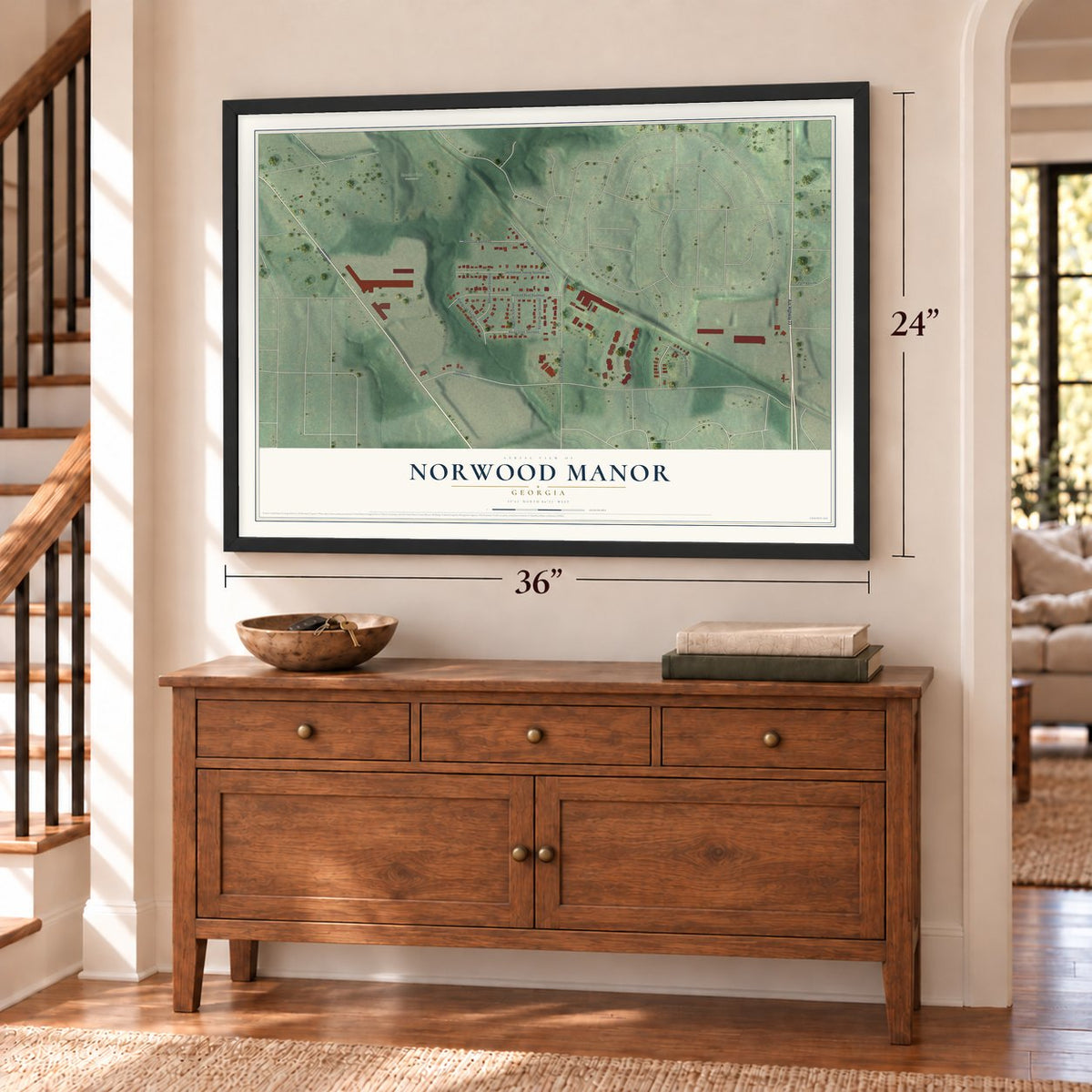 Norwood Manor, Georgia map, 24 x 36 inch print in a black frame above a dresser by a staircase