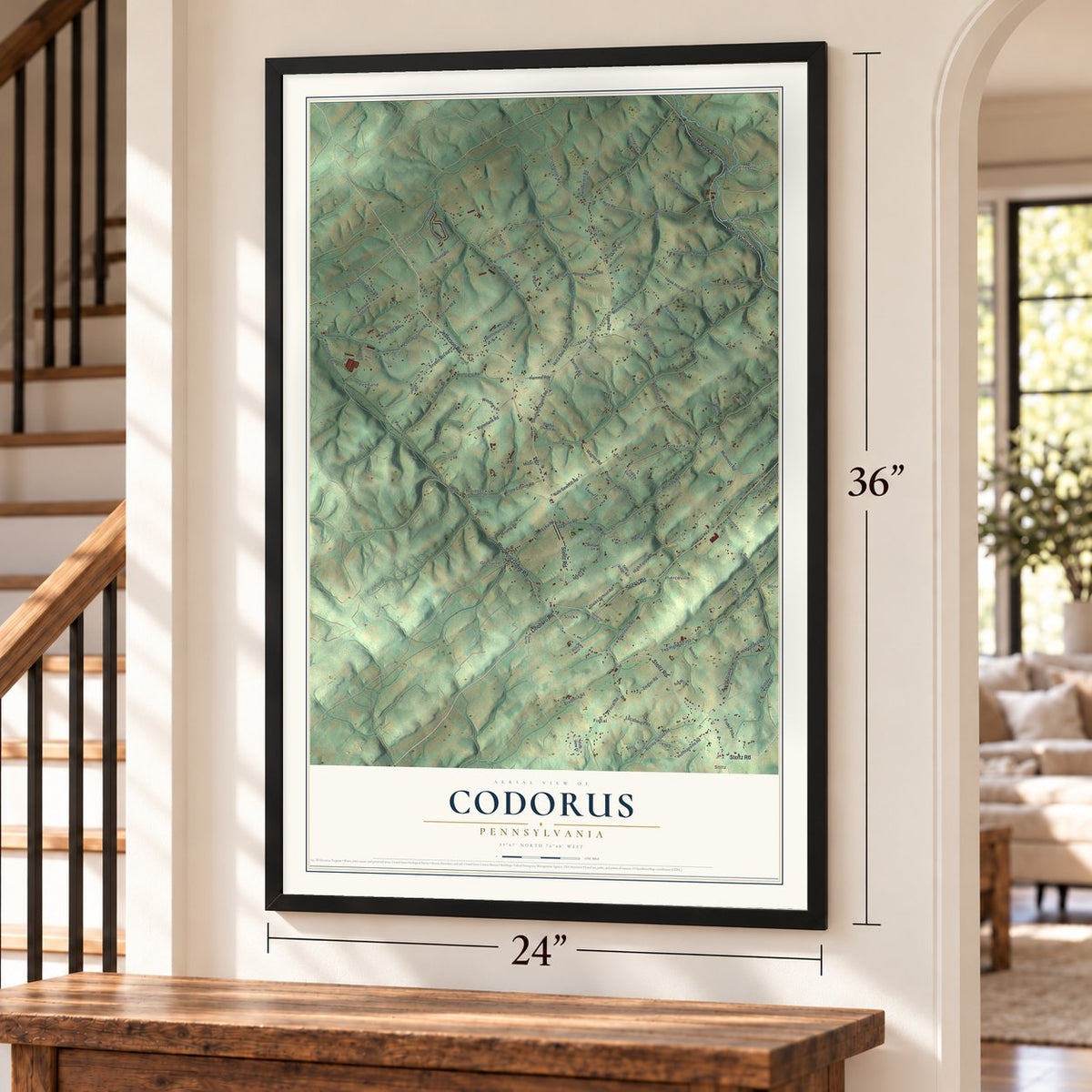 Codorus, Pennsylvania map, 24 x 36 inch print in a black frame by a staircase