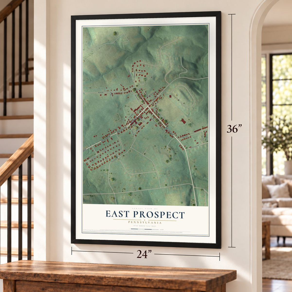 East Prospect, Pennsylvania map, 24 x 36 inch print in a black frame by a staircase