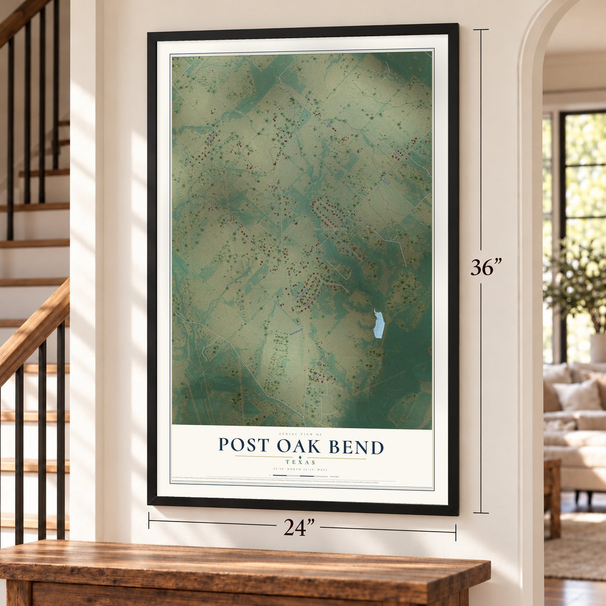 Post Oak Bend, Texas map, 24 x 36 inch print in a black frame by a staircase