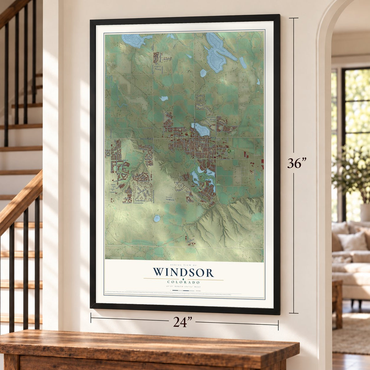 Windsor, Colorado map, 24 x 36 inch print in a black frame by a staircase