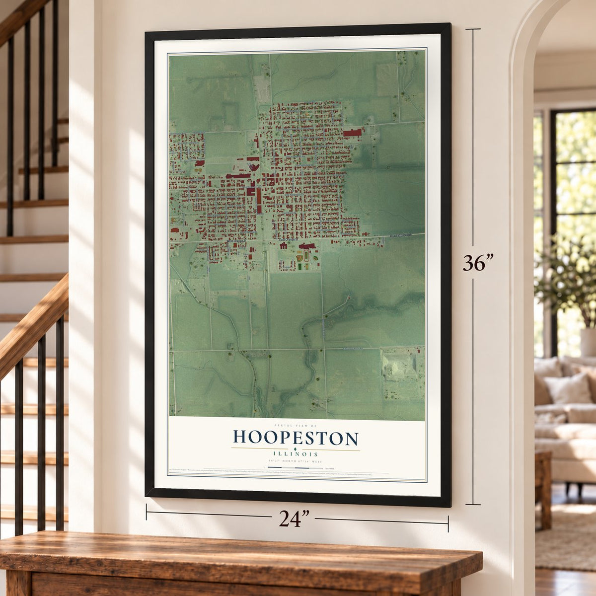 Hoopeston, Illinois map, 24 x 36 inch print in a black frame by a staircase