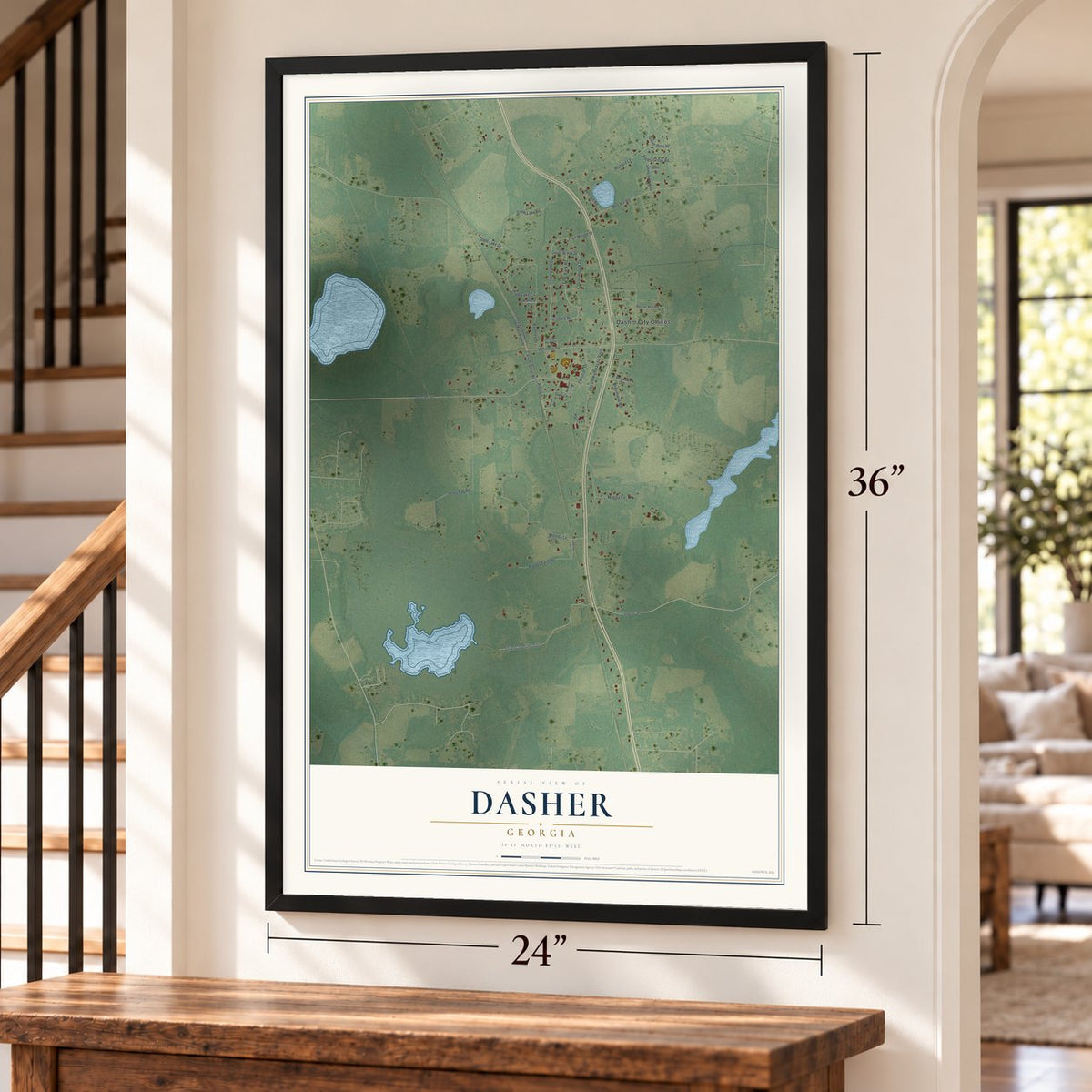 Dasher, Georgia map, 24 x 36 inch print in a black frame by a staircase