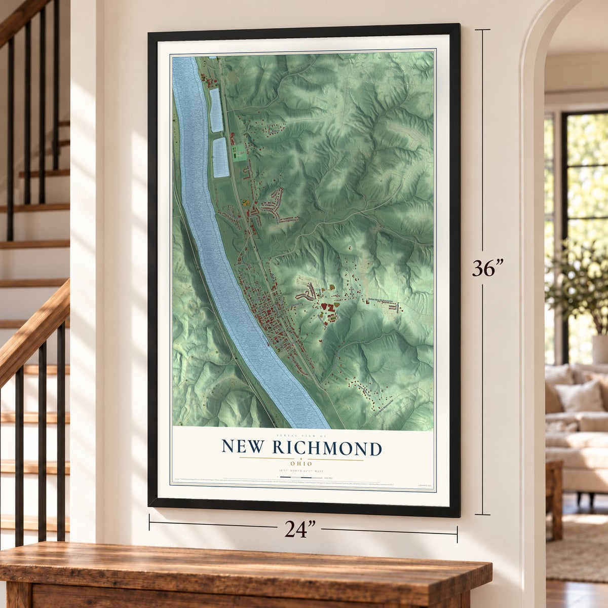 New Richmond, Ohio map, 24 x 36 inch print in a black frame by a staircase