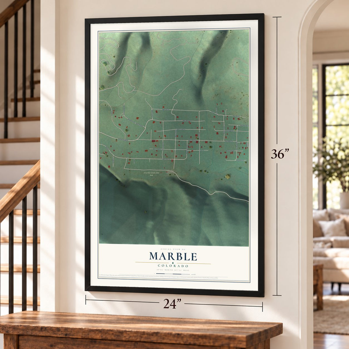 Marble, Colorado map, 24 x 36 inch print in a black frame by a staircase