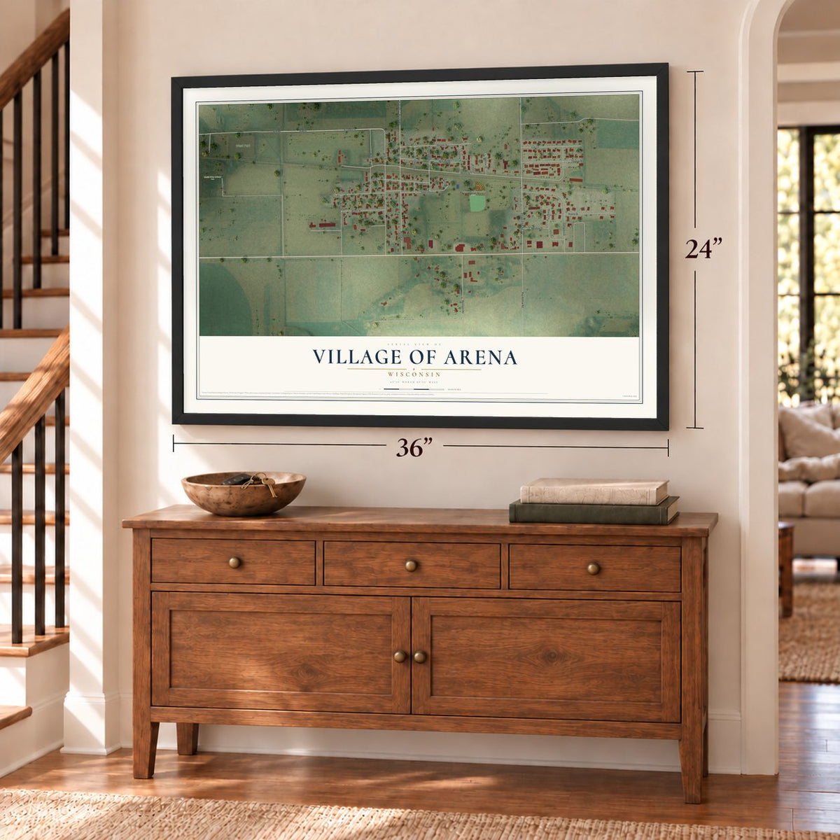 Arena, Wisconsin map, 24 x 36 inch print in a black frame above a dresser by a staircase