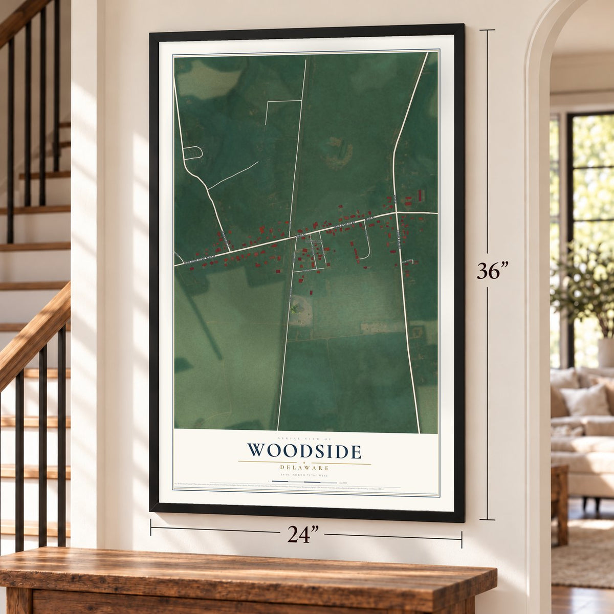 Woodside, Delaware map, 24 x 36 inch print in a black frame by a staircase