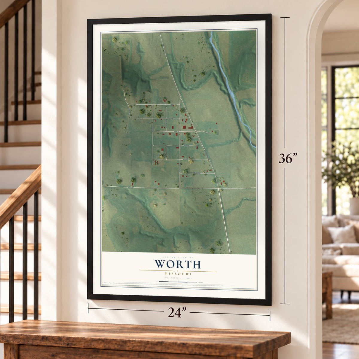 Worth, Missouri map, 24 x 36 inch print in a black frame by a staircase