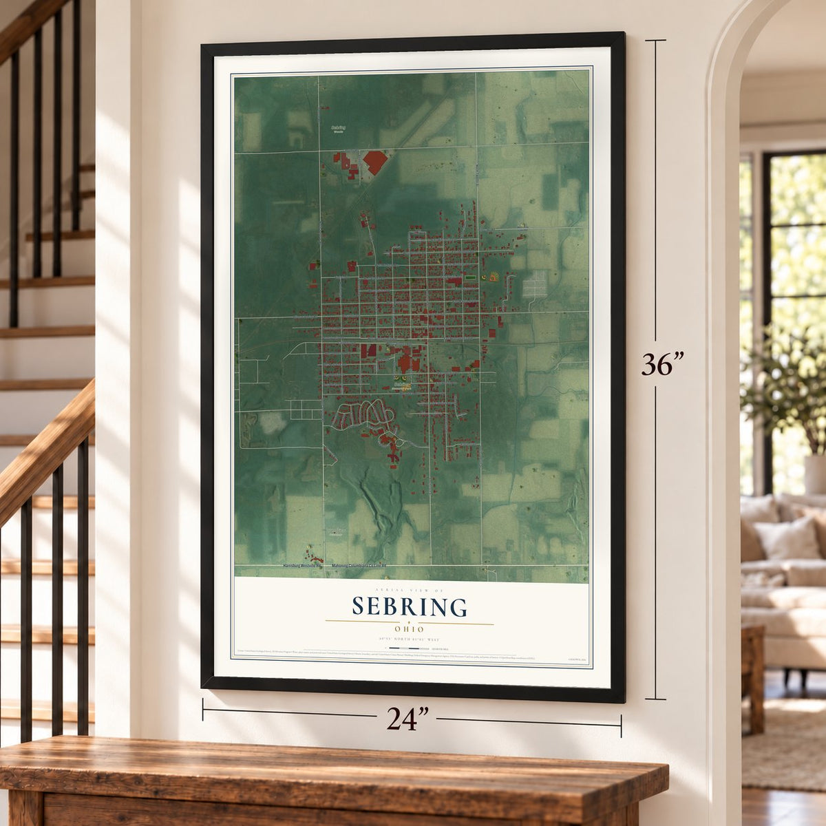 Sebring, Ohio map, 24 x 36 inch print in a black frame by a staircase