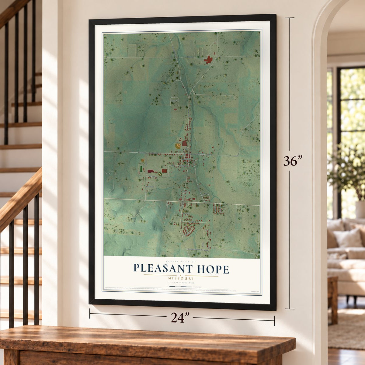 Pleasant Hope, Missouri map, 24 x 36 inch print in a black frame by a staircase