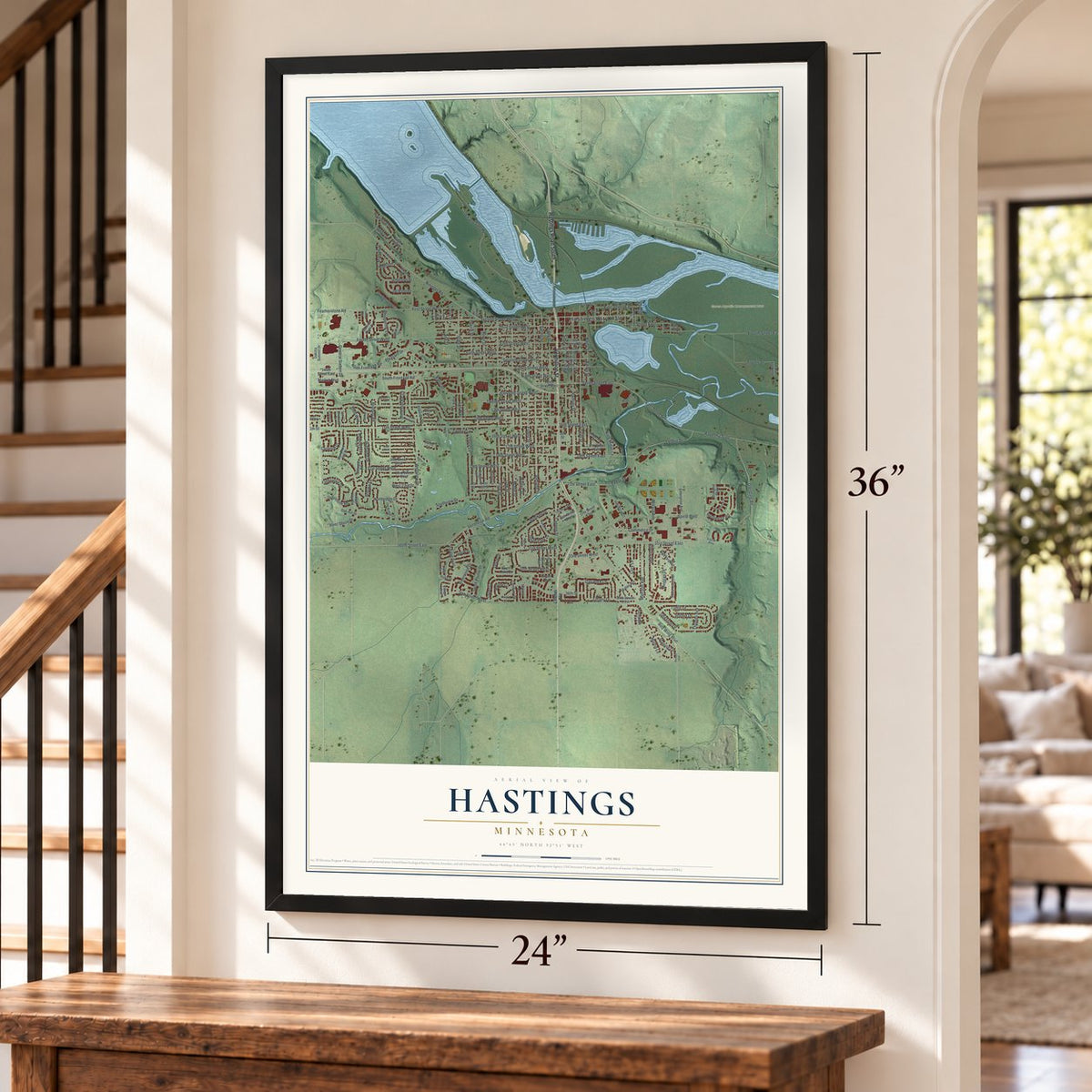 Hastings, Minnesota map, 24 x 36 inch print in a black frame by a staircase