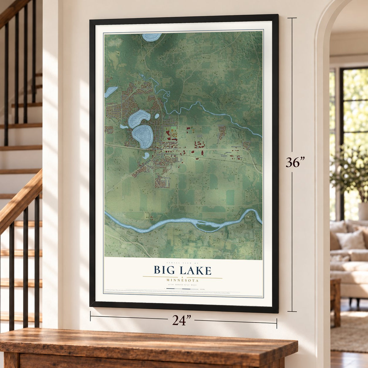 Big Lake, Minnesota map, 24 x 36 inch print in a black frame by a staircase