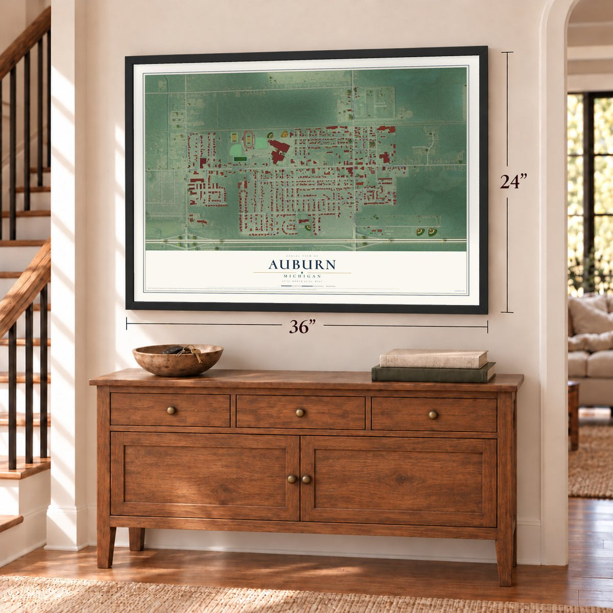 Auburn, Michigan map, 24 x 36 inch print in a black frame above a dresser by a staircase