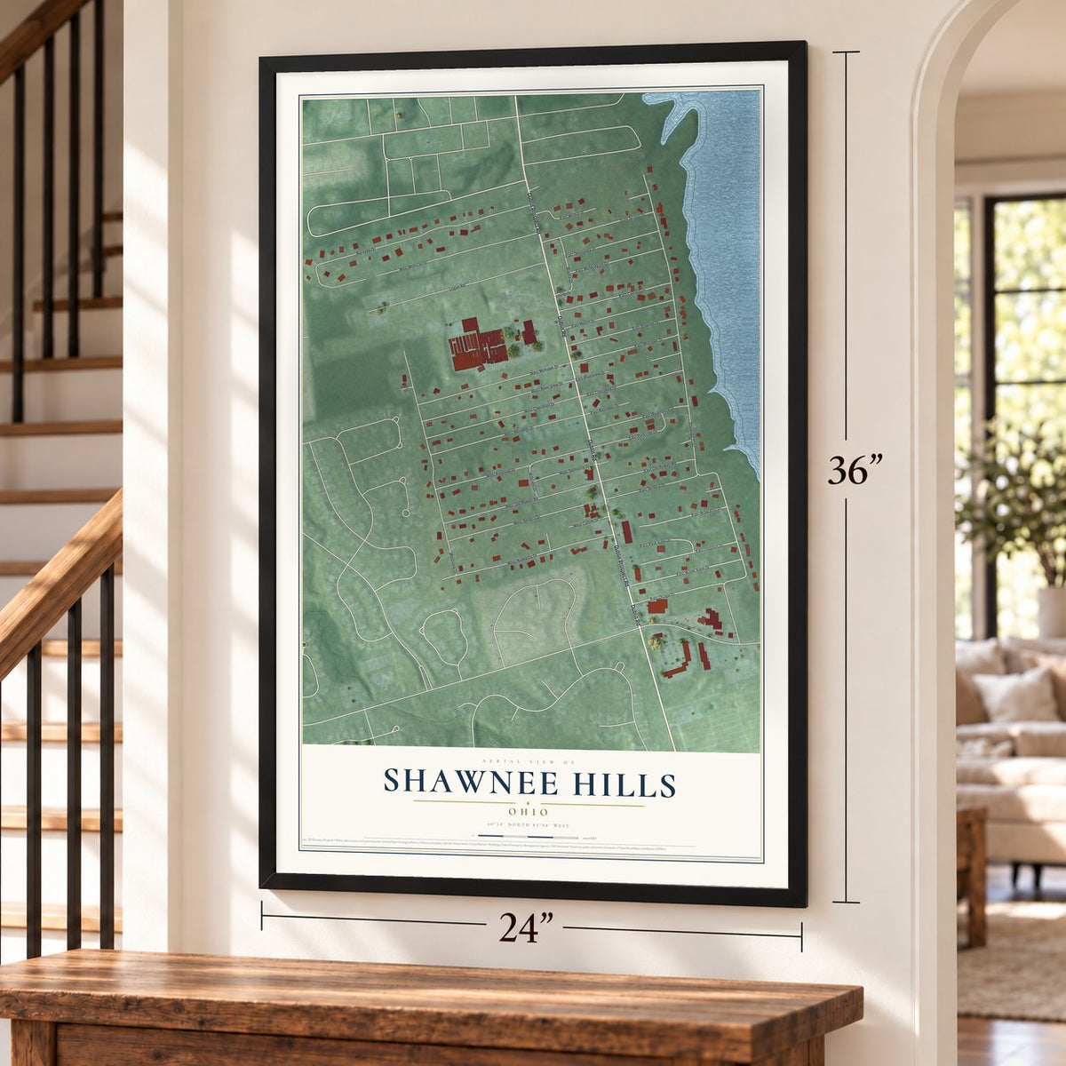 Shawnee Hills, Ohio map, 24 x 36 inch print in a black frame by a staircase