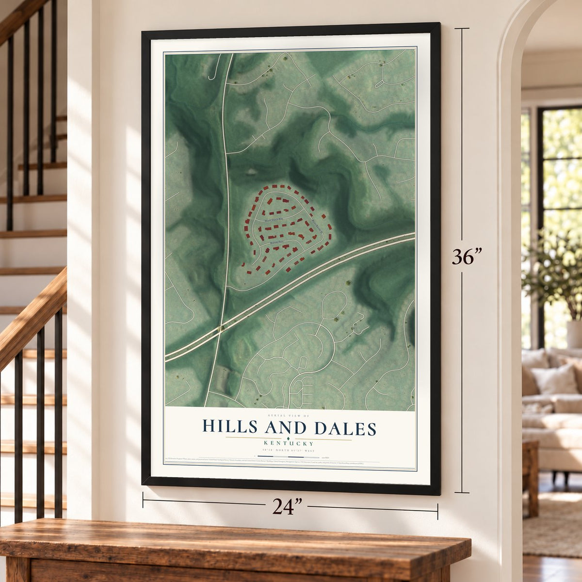 Hills and Dales, Kentucky map, 24 x 36 inch print in a black frame by a staircase