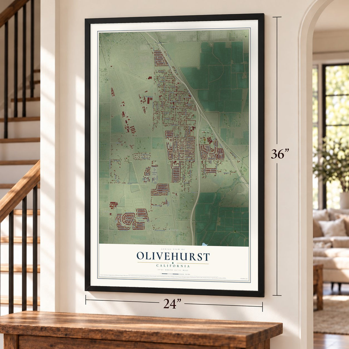 Olivehurst, California map, 24 x 36 inch print in a black frame by a staircase