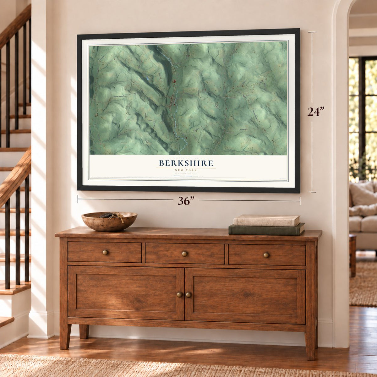 Berkshire, New York map, 24 x 36 inch print in a black frame above a dresser by a staircase