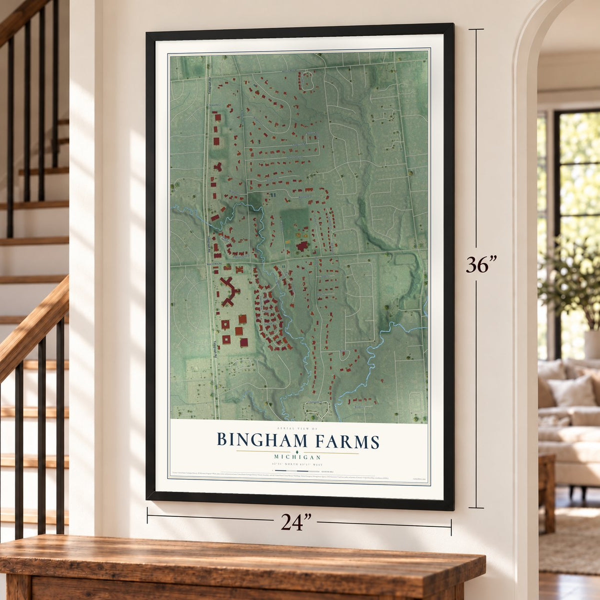 Bingham Farms, Michigan map, 24 x 36 inch print in a black frame by a staircase