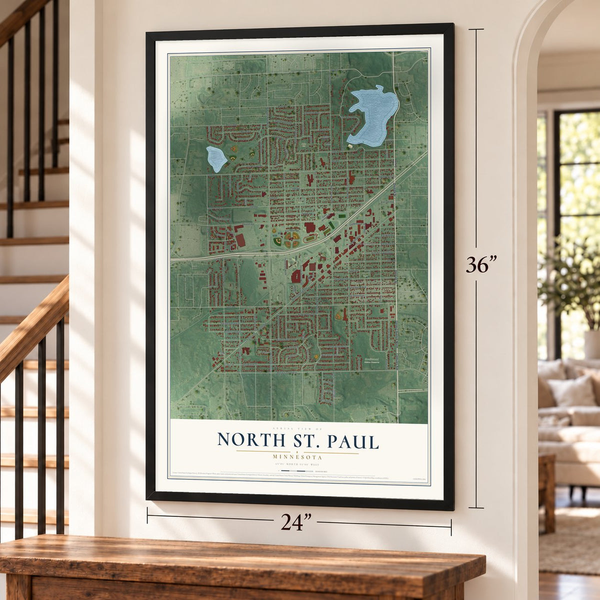 North St. Paul, Minnesota map, 24 x 36 inch print in a black frame by a staircase