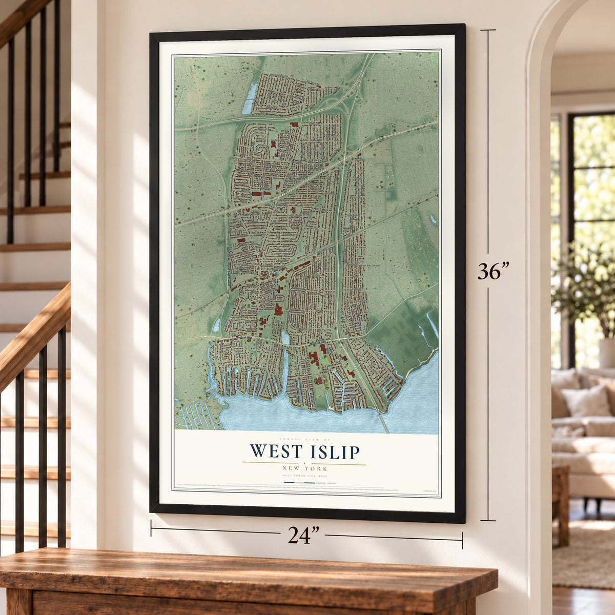 West Islip, New York map, 24 x 36 inch print in a black frame by a staircase