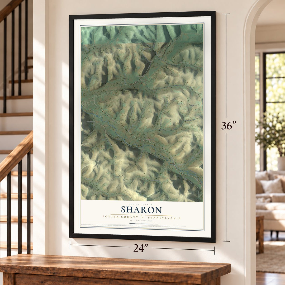 Sharon, Potter County, Pennsylvania map, 24 x 36 inch print in a black frame by a staircase