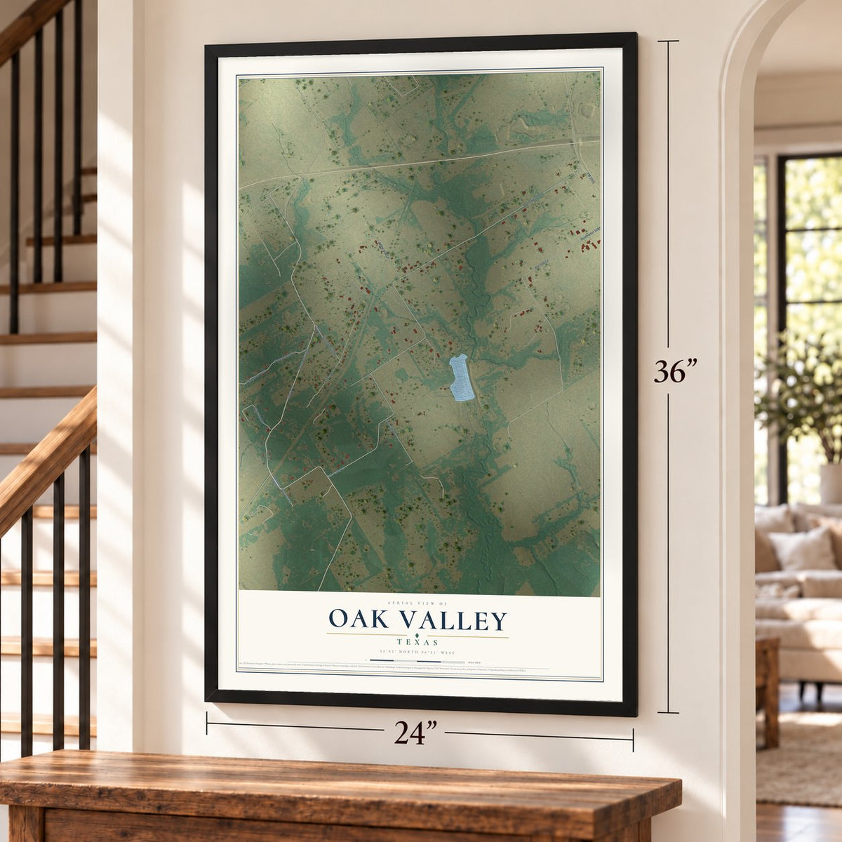 Oak Valley, Texas map, 24 x 36 inch print in a black frame by a staircase