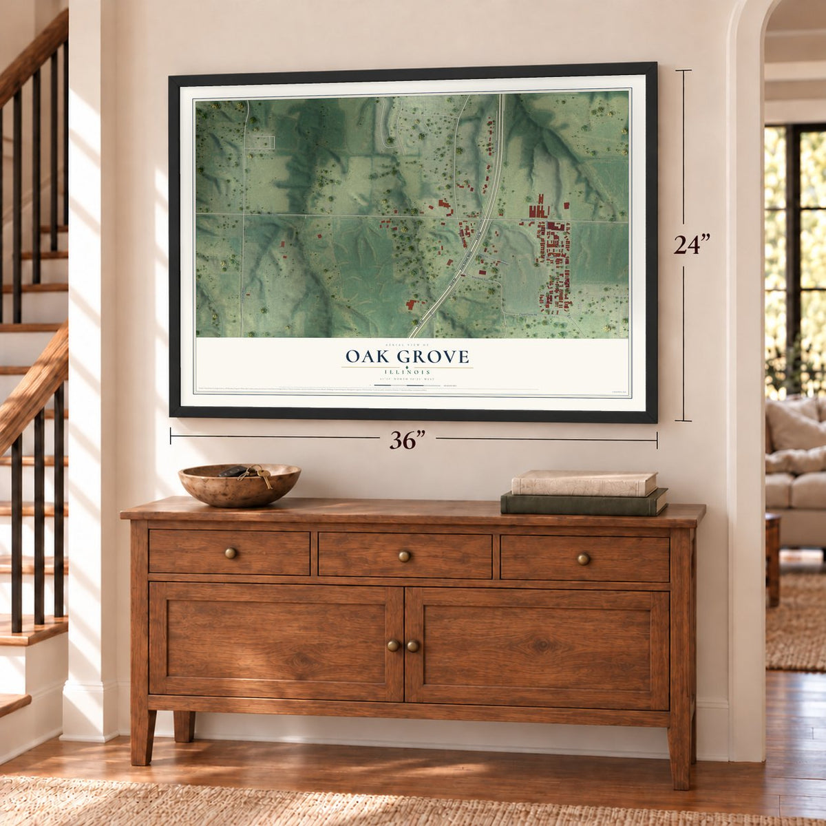 Oak Grove, Illinois map, 24 x 36 inch print in a black frame above a dresser by a staircase