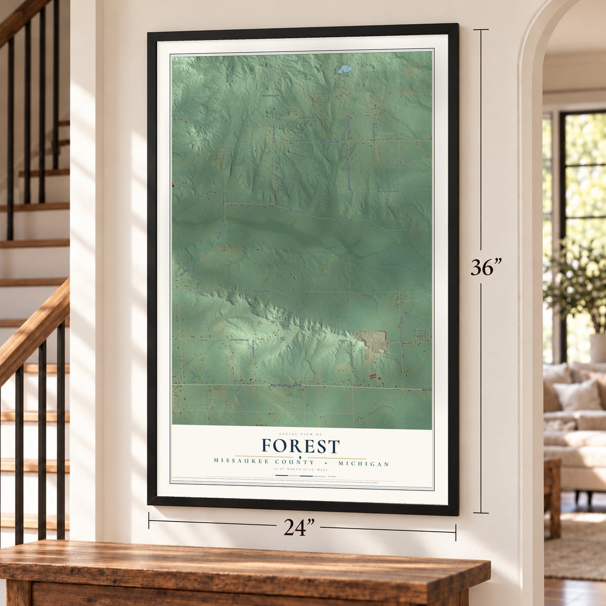 Forest, Missaukee County, Michigan map, 24 x 36 inch print in a black frame by a staircase