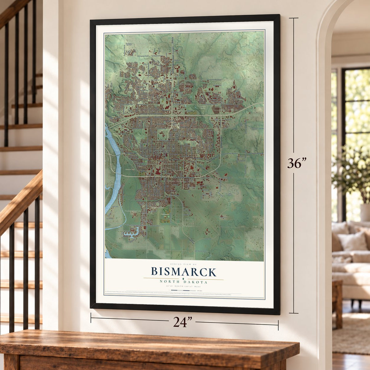 Bismarck, North Dakota map, 24 x 36 inch print in a black frame by a staircase