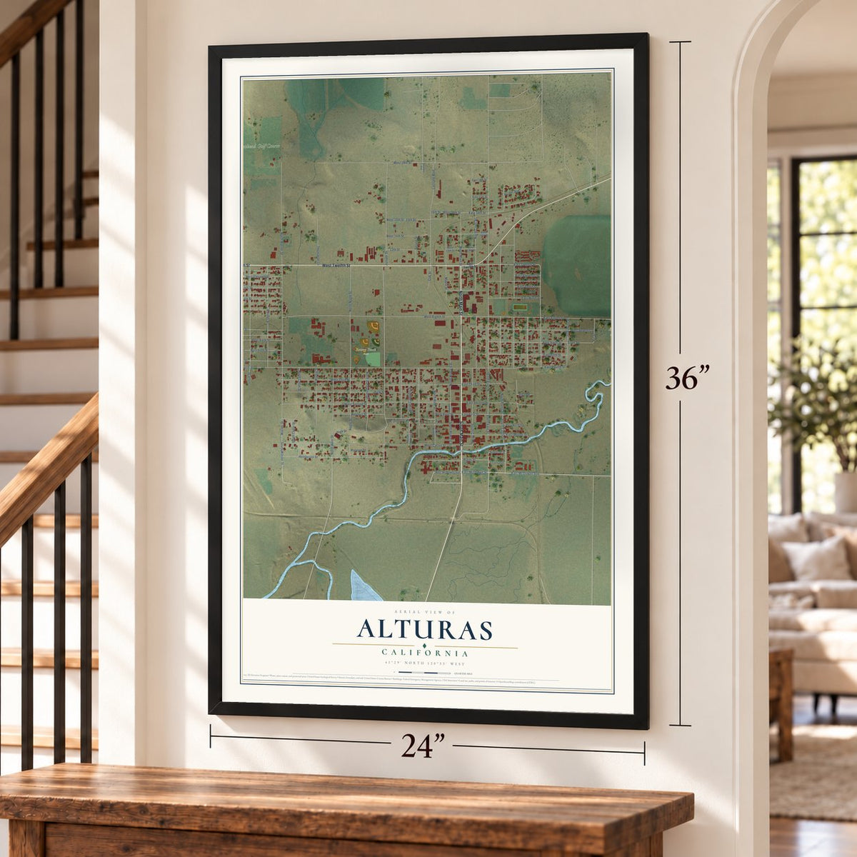 Alturas, California map, 24 x 36 inch print in a black frame by a staircase