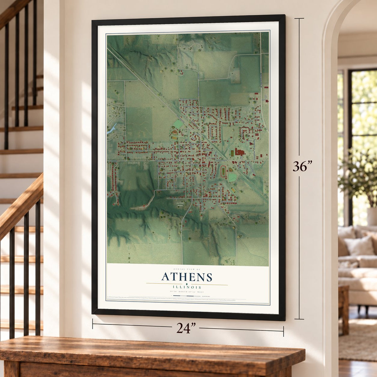 Athens, Illinois map, 24 x 36 inch print in a black frame by a staircase