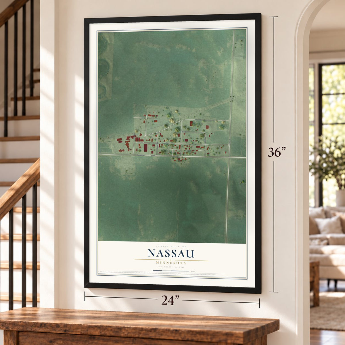 Nassau, Minnesota map, 24 x 36 inch print in a black frame by a staircase