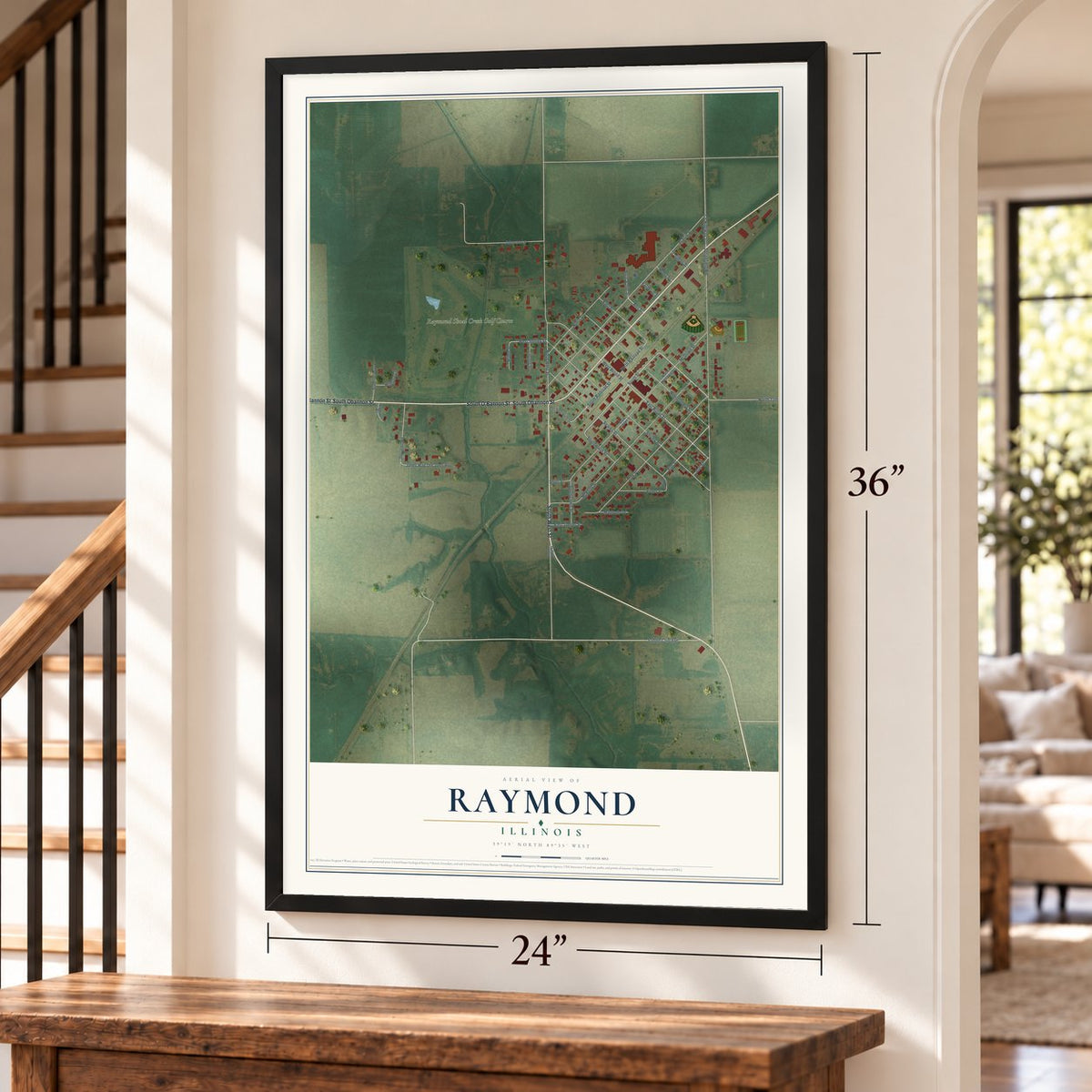 Raymond, Illinois map, 24 x 36 inch print in a black frame by a staircase