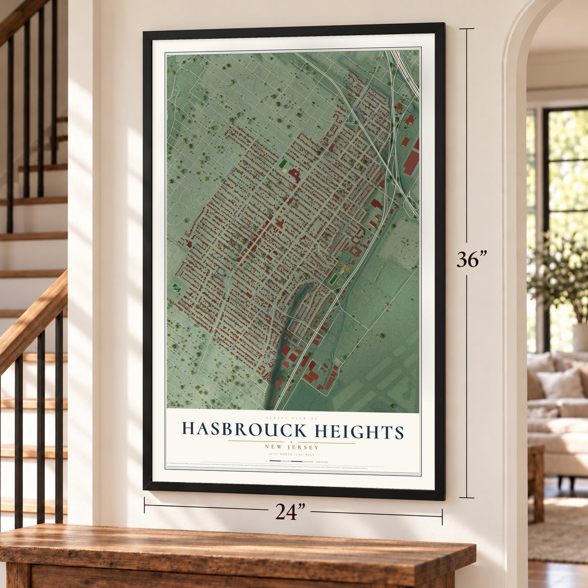 Hasbrouck Heights, New Jersey map, 24 x 36 inch print in a black frame by a staircase