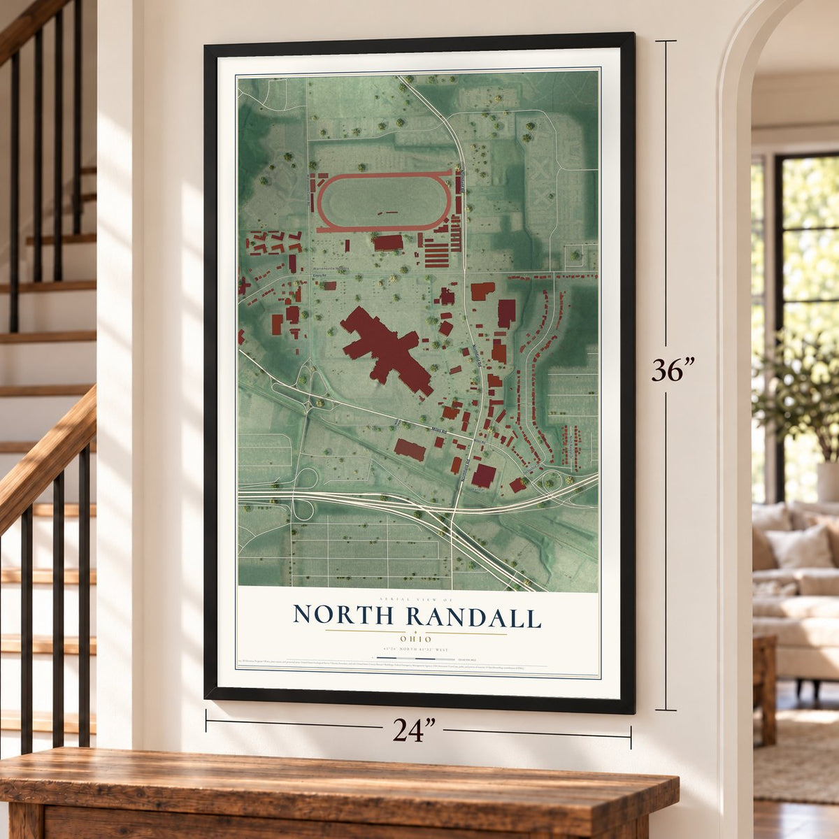 North Randall, Ohio map, 24 x 36 inch print in a black frame by a staircase