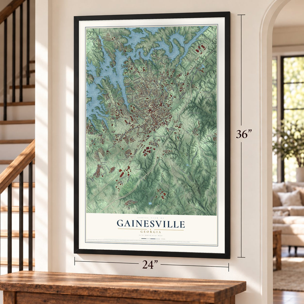 Gainesville, Georgia map, 24 x 36 inch print in a black frame by a staircase