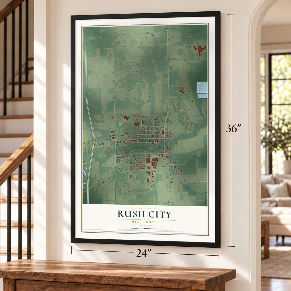 Rush City, Minnesota map, 24 x 36 inch print in a black frame by a staircase
