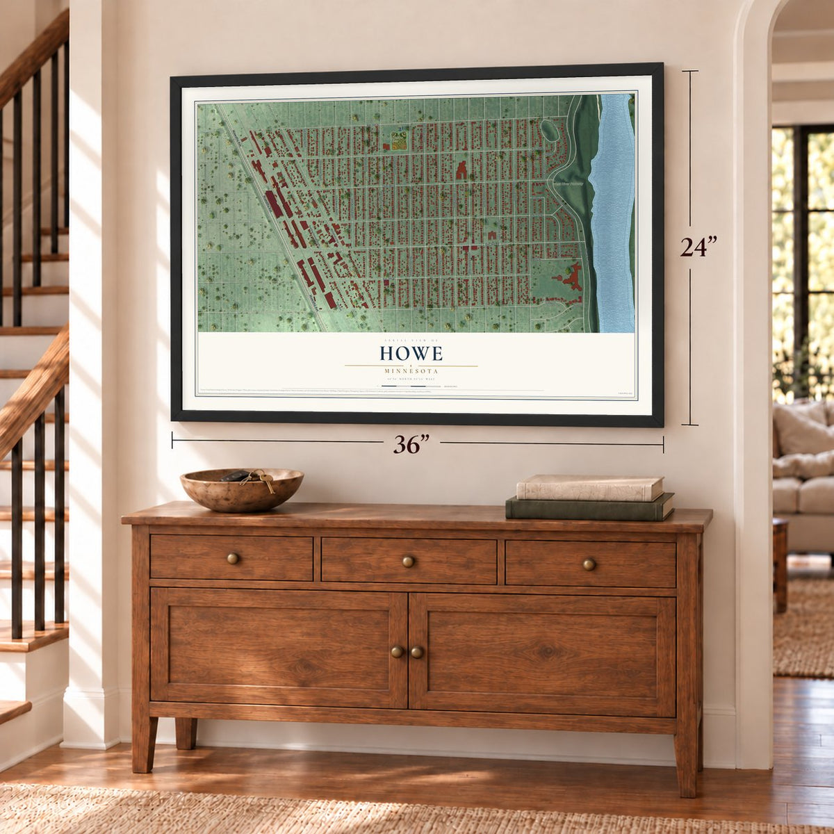 Howe, Minnesota map, 24 x 36 inch print in a black frame above a dresser by a staircase