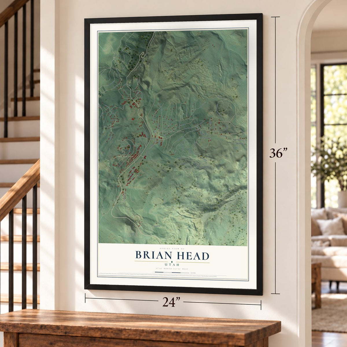 Brian Head, Utah map, 24 x 36 inch print in a black frame by a staircase