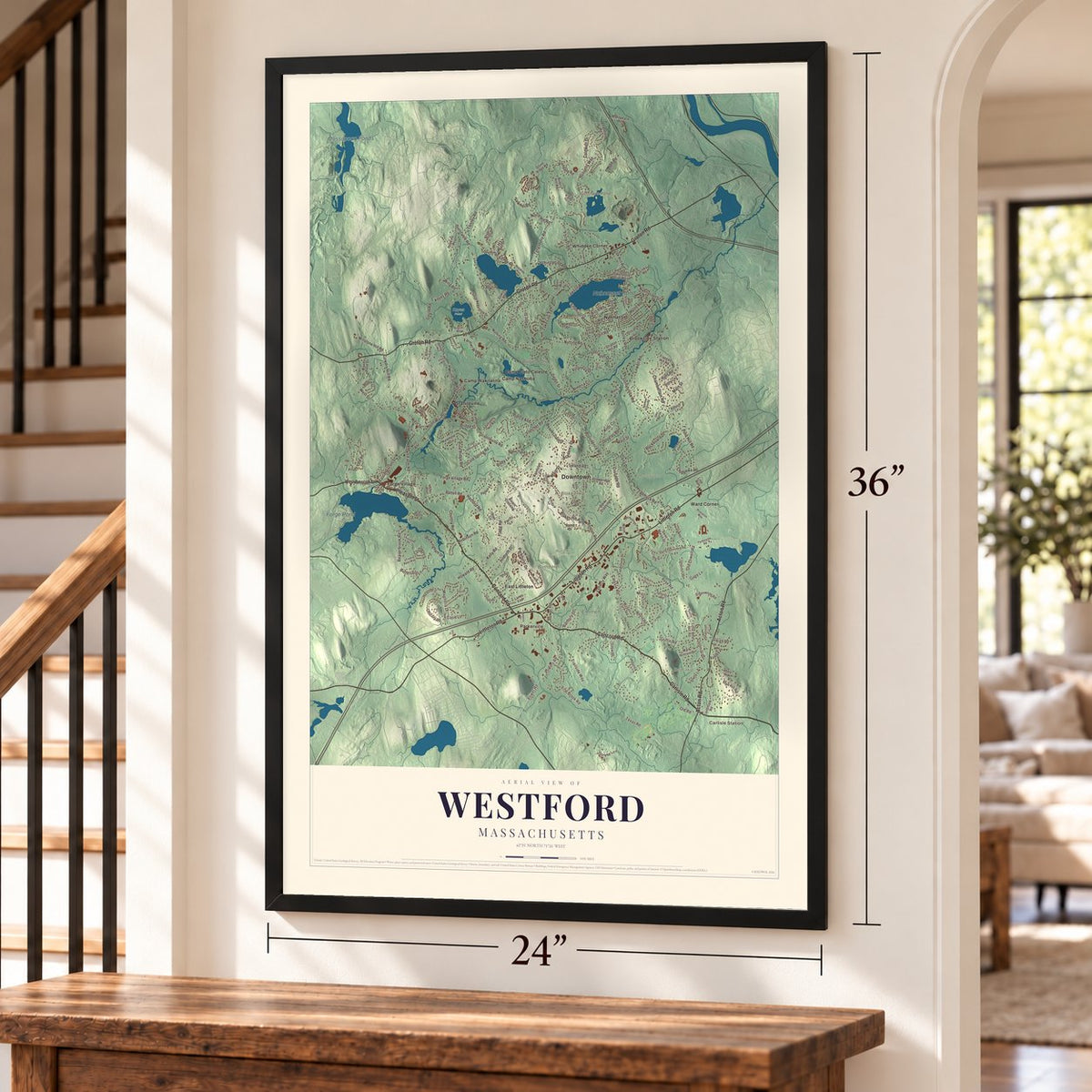 Westford, Massachusetts map, 24 x 36 inch print in a black frame by a staircase